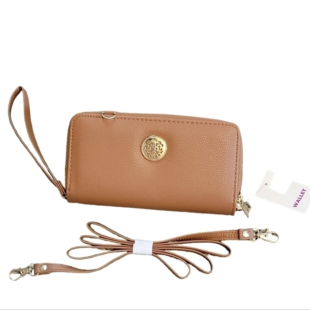 Women's brown Faux Leather Double Zip wallet clutch W/ crossbody strap NEW! - Picture 2 of 7